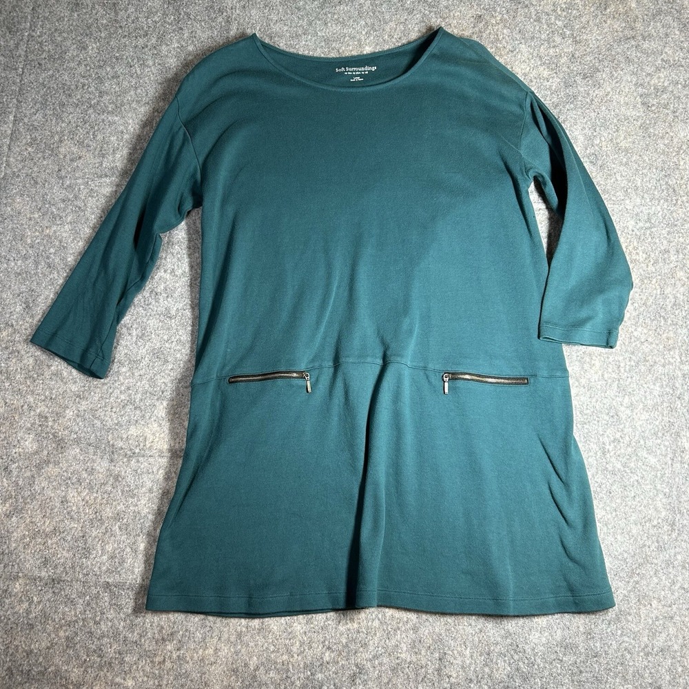 Soft Surroundings Moda Tunic Mini Dress Large  Zipper Pockets Green 100% Cotton